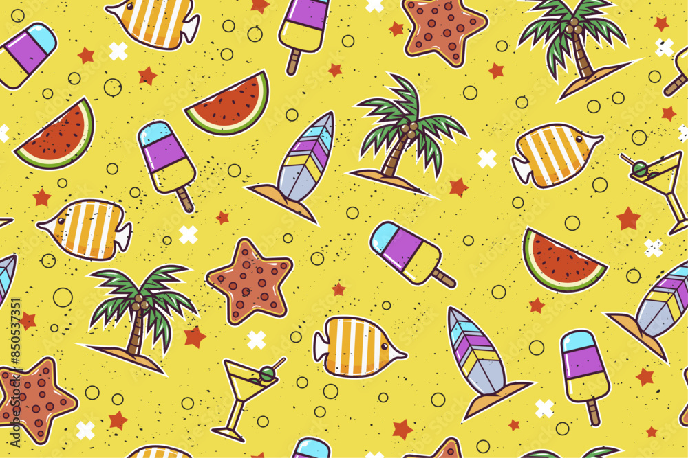 Poster yellow background and beach pictures create a flat and stylish pattern. summer bright pattern of fis