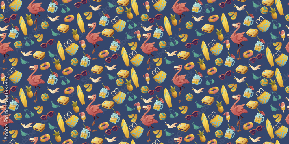 Poster Summer pattern of beach elements. Seamless bright stylish and repeating beach pattern.