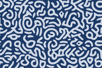 Scribbles labyrinth pattern. A seamless pattern of ornate scribbles creating intricate strokes. Blue color.