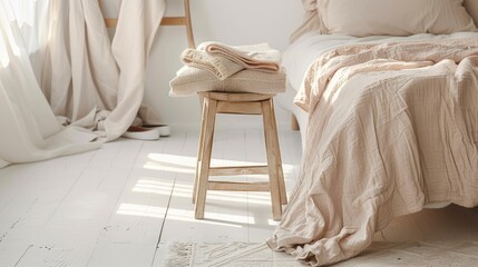 a cozy bedroom bathed in light pink pastel hues, featuring a bed of light wood, beige linen pillows, and a blanket draped over a chair beside a window.