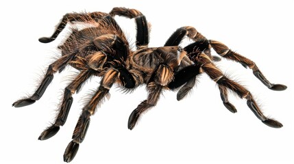 Big tarantula spider with black and orange stripes crawls on a white surface