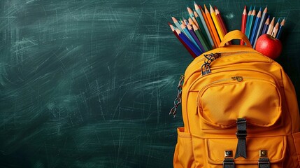 a yellow backpack surrounded by various school supplies, Copy space text, including pencils, an apple, and books, set against a green chalkboard background
