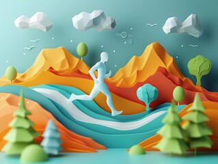 Sleek Pictogram of Abstract Runner in Tranquil Landscape with Retro Sports Insignia