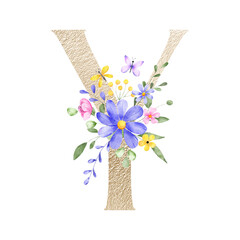 Gold letter Y with watercolor flowers and leaves. Floral alphabet, golden monogram initial perfectly for birthday, wedding invitations, greeting card, logo, poster and other design. Hand painting.