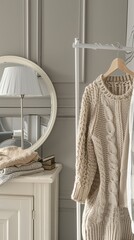 a women's clothing rack in neutral colors, juxtaposed with an oval mirror and a white chest adorned with lamps.