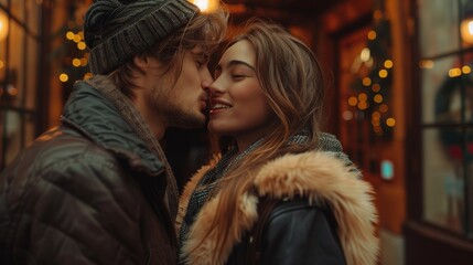 Romantic Couple Kissing Outdoors in Winter Evening Near Festive Decorations