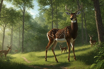 Fototapeta premium Happy 3D cartoon deer with pastel in a forest