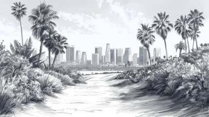 Hand-Drawn Cityscape Of Los Angeles With Palm Trees In Foreground