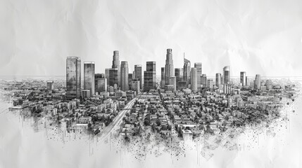Hand Drawn Cityscape of Los Angeles, California, USA - High Fidelity Sketch of Modern Urban Skyline