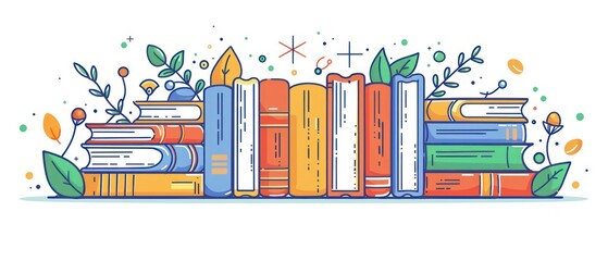 A illustration of organized row of books in a school library, offering a wealth of information and imagination. Encourages academic pursuits and intellectual growth