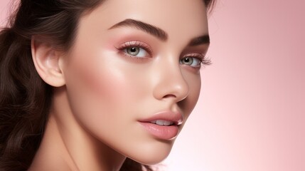 Close-up portrait of a beautiful woman with flawless skin and natural makeup on a pink background. Ideal for beauty, skincare, and cosmetic promotions.