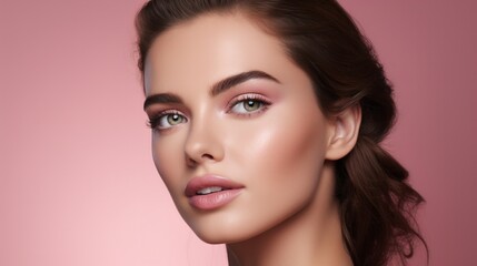 Fototapeta premium Close-up portrait of a beautiful woman with flawless skin and natural makeup on a pink background. Ideal for beauty, skincare, and cosmetic promotions.