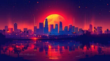 Stunning Neon Sunset Over Los Angeles Skyline With Reflecting City Lights