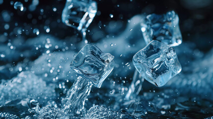 a group of ice cubes falling into water