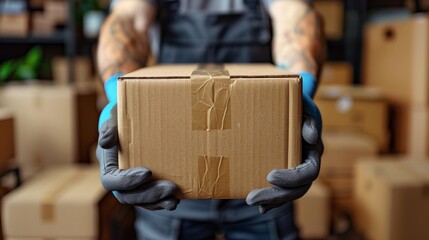Mover Packing Box with Adhesive Tape in a Warehouse Setting