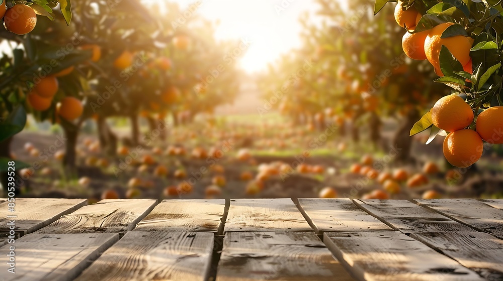 Aufkleber empty wood table with free space over orange trees orange field background for product display monta