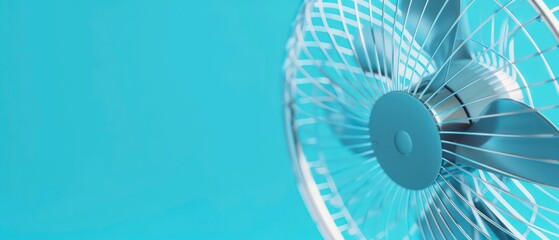 Obraz premium electric fan with clean lines, standing out vividly on a blue background. Ideal for home and office cooling needs