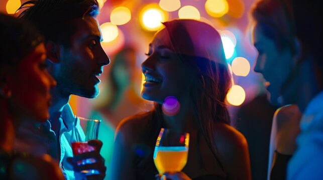 Group of friends having a discussion over a few drinks High society people talking and having a good time together at a party : Generative AI