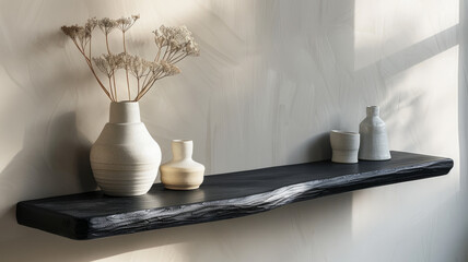 Minimalist ceramic vases on a wooden shelf with dried flowers