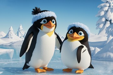 Fototapeta premium Happy 3D cartoon penguin with pastel snowflakes on ice