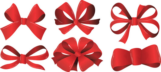 Red bows collection different shapes sizes shiny satin ribbon material isolated white background. Assorted decorative glossy ribbons gift wrapping, presentation, holiday decoration. Festive red bow