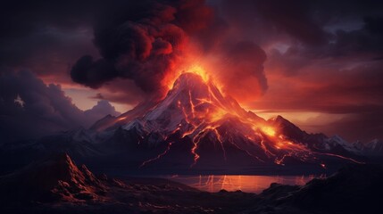 Fiery Icelandic Volcano Erupting at Twilight.
