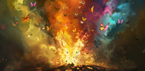 Butterflies Surrounding an Explosion of Fire - A surreal depiction of colorful butterflies swirling around an explosion of fire against a backdrop of vibrant clouds.