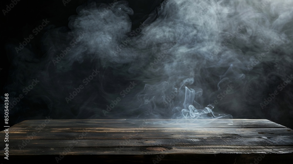 Aufkleber On a black background an empty wooden table with smoke floats up Empty space for displaying your products with a smoke float up on a dark background Space available for displaying your : Generative AI