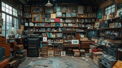 Fototapeta premium Vintage Garage Sale Room with Assorted Items, Books, and Framed Pictures for Sale