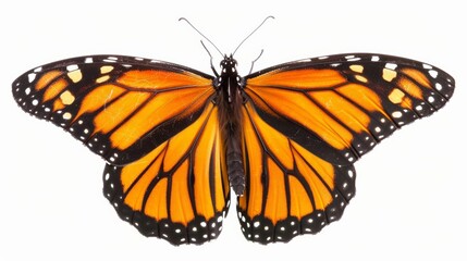 Fototapeta premium Magnificent monarch butterfly showcases vibrant designs on fragile wings against a backdrop of white, capturing the beauty and delicacy of nature