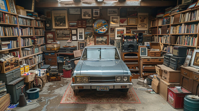 Fototapeta Vintage Car in a Packed Garage Filled with Books and Collectibles