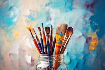 A set of art brushes on the background of an artistic canvas with multicolored paint strokes.