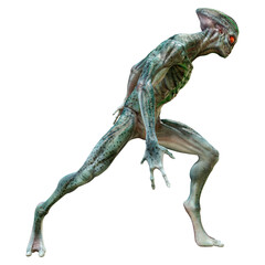 3D Rendering Green Alien on White