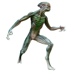 3D Rendering Green Alien on White