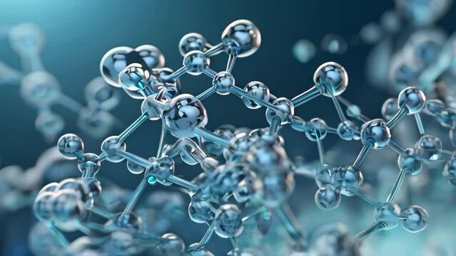 molecular structure with transparent blue atoms connected by thin rods, set against a gradient blue background. The intricate network of molecules is highlighted by soft lighting