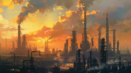 An oil refinery with towering distillation columns