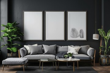 Poster mockup with vertical frames on empty dark wall in living room interior. Generative AI