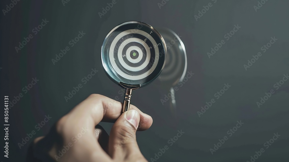 Poster unlock potential of business success stairs dart and dartboard targets magnifying glass with hand on