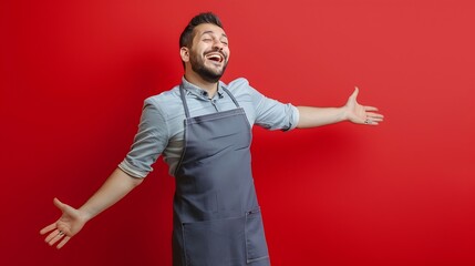 Full body side view happy young housekeeper chef cook baker man wear grey apron look camera with outstretched hands stand on toes lean back isolated on plain red background studio Cook : Generative AI