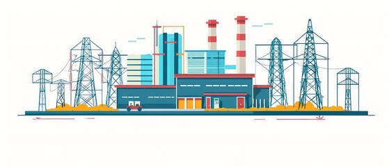 industrial factory with chimneys emitting gas, symbolizing urban development and environmental impact, design illustration