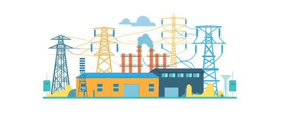 industrial factory with chimneys emitting gas, symbolizing urban development and environmental impact, design illustration