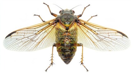 Large green and brown cicada insect spreading its delicate, translucent wings on a white background