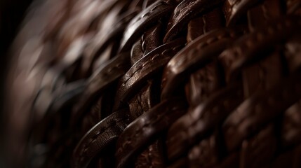 Close-up of a braided leather belt, tight weave, deep brown, diffused lighting. 