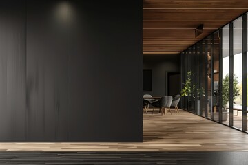 Blank black partition with place for advertising poster or logo in modern interior design spacious office hall with conference table, wooden floor and dark wall background