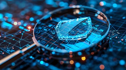 EProcurement Fraud Detection A 3D shield and magnifying glass symbolizing fraud detection mechanisms in eprocurement