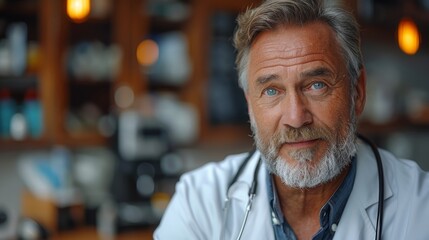 Senior Doctor with Stethoscope in Office, Focused on Patient Care and Medical Consultation