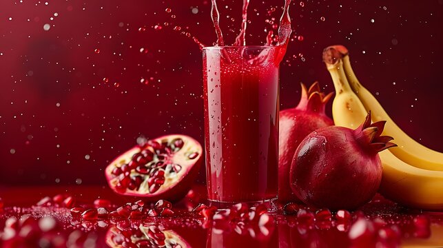 Pomegranate juice with banana isolated and pomegranate background