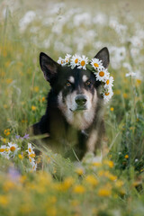 A mongrel dog with a wreath of daisies