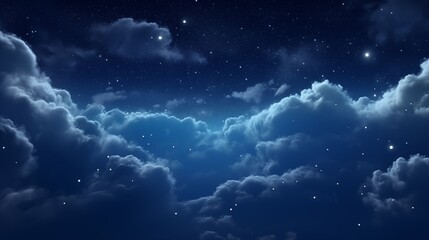 Fluffy volumetric clouds at night against a dark blue sky with stars background.