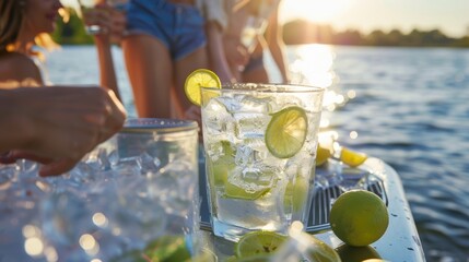 A group of friends enjoying a day at the lake using a solarpowered ice maker to make margaritas.